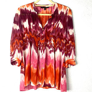 Cynthia Steffe Blouse XSmall Womens Purple Pink Sheer Tie Dye 3/4 Button Sleeve